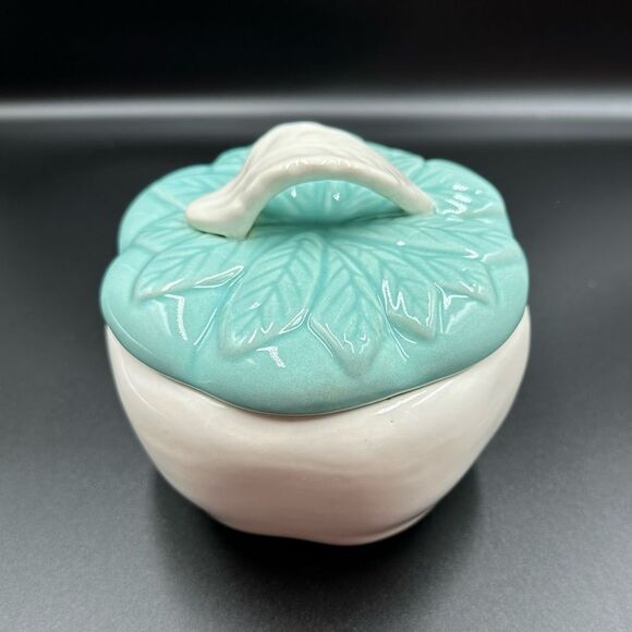 Hoenig of California Mid Century Ceramic Apple Lidded Bowl White and Turquoise - Picture 1 of 13